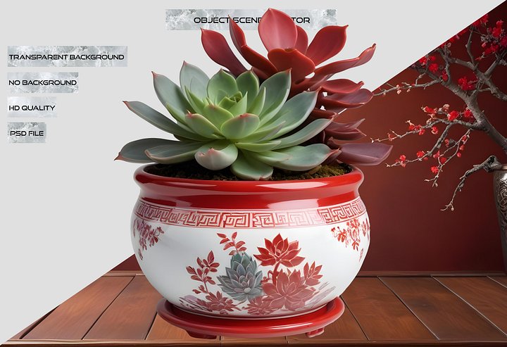 Chinese Porcelain Pot with Succulents – Red and White Décor PNG product image (2)