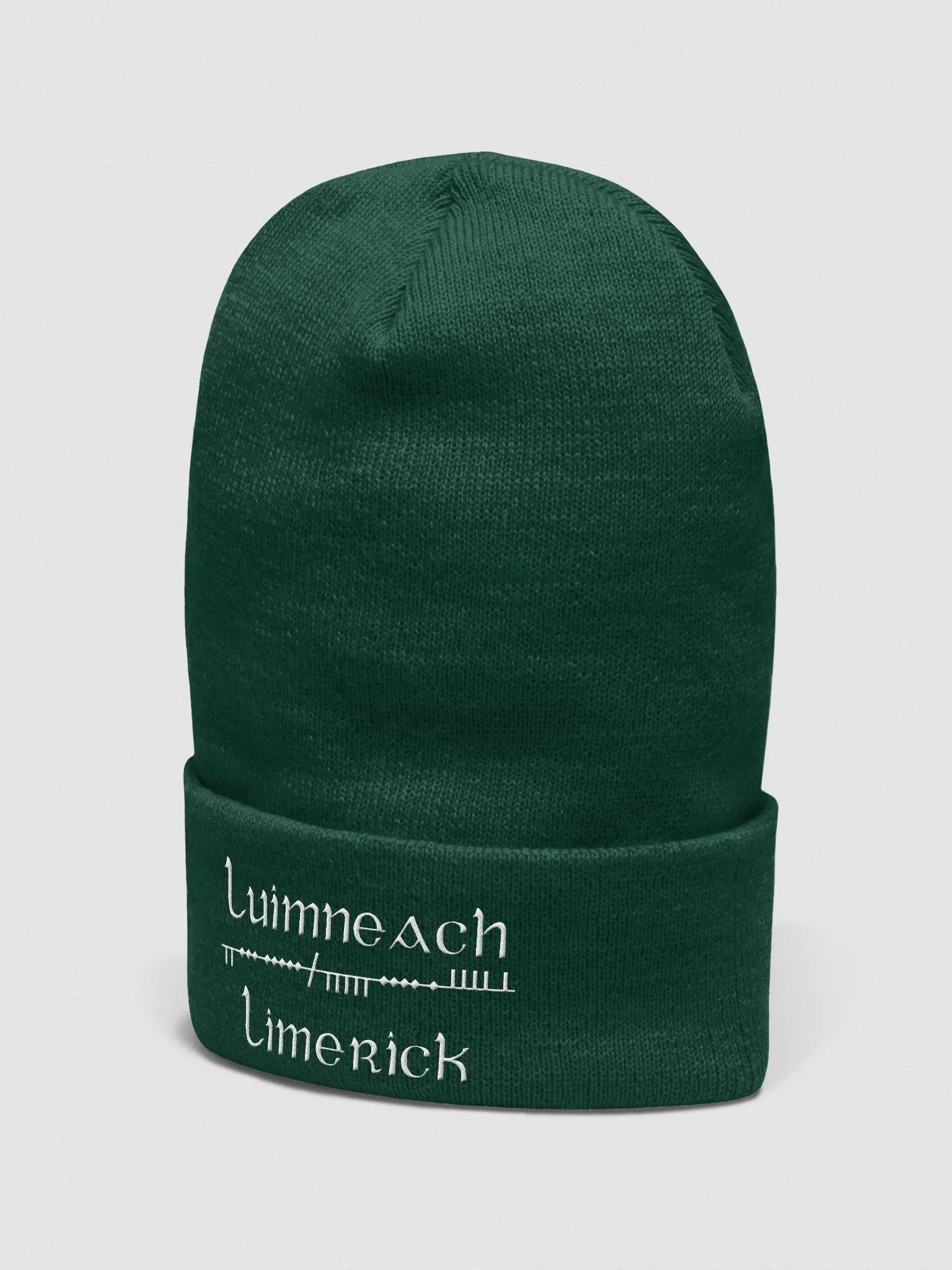 Limerick/Luimneach Scholastic style Ogham, green with white, embroidered Cuffed Beanie product image (2)