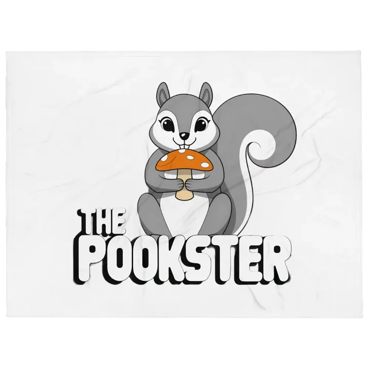 Ultra soft and plushy blanket: The Pookster: Large Pooky, 70s font, mushroom, transparent background. greyscale with red mushroom product image (1)
