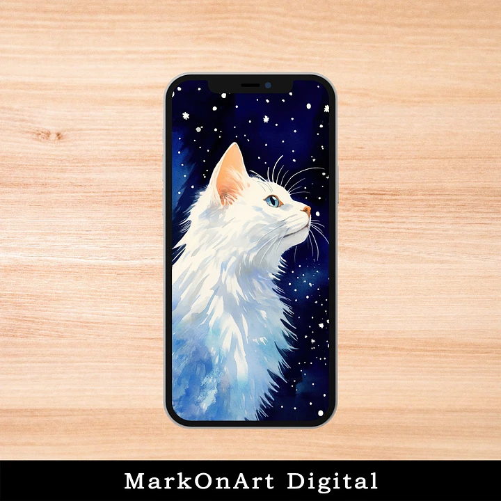 White Cat Starry Night Art For Mobile Phone Wallpaper or Lock Screen | High Res for iPhone or Android Cellphones product image (1)