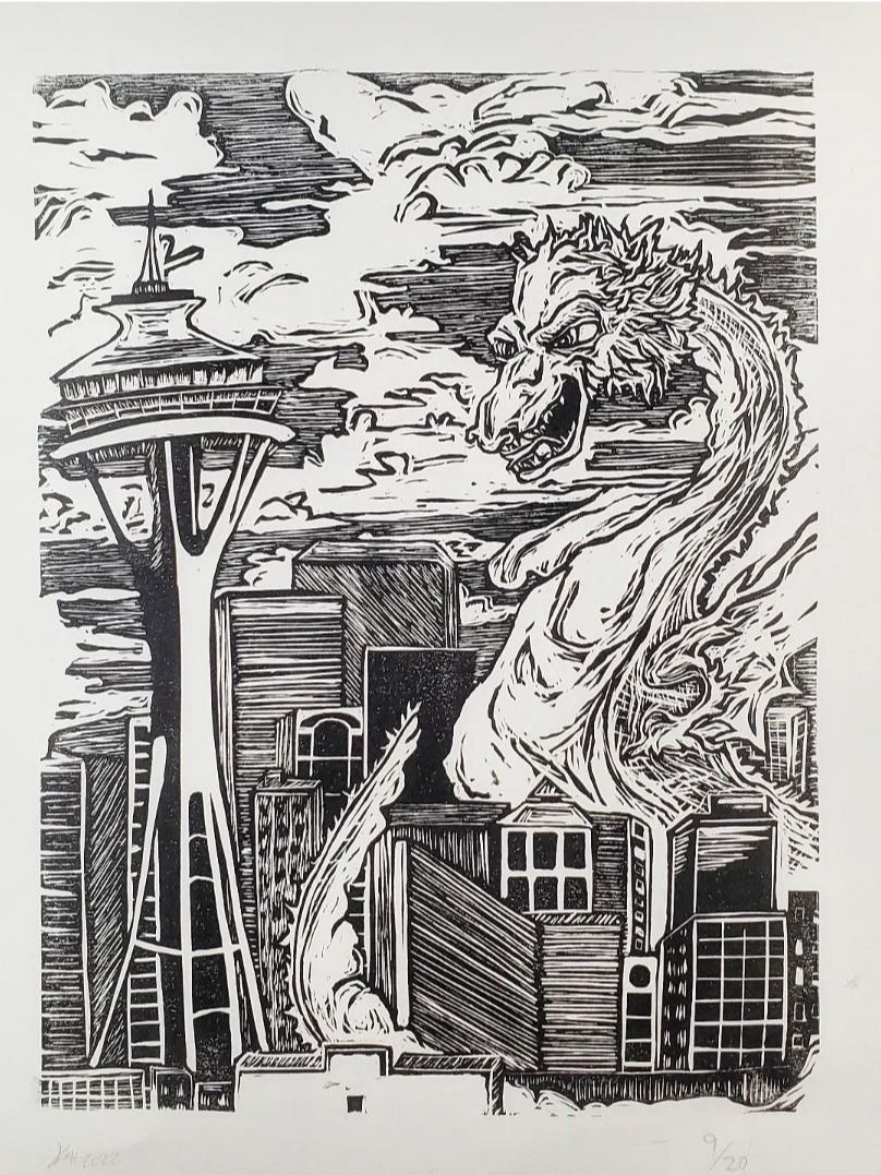 Kaiju Dragon in Seattle Linocut Print product image (1)