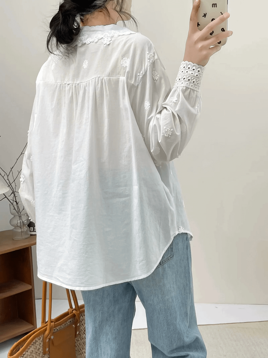 Three-dimensional Flower Embroidered Lapel Single-breasted Long Sleeve Shirt For Women product image (3)