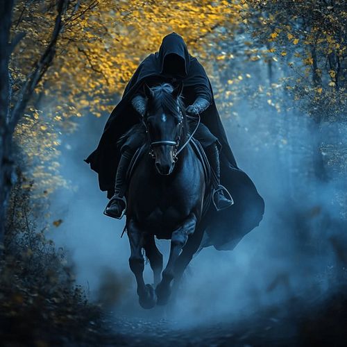 Through the veil of mist and the golden hues of twilight, a shadow thunders forth—a figure cloaked in darkness astride a stee...