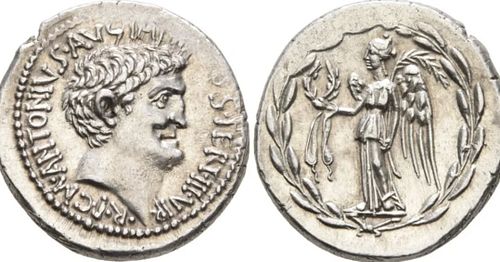 Hammered at 7500 CHF at Leu's Webauction 2, lot 2040. One of the finest portraits of 
Mark Antony, 44-30 BC. Denarius (Silver...