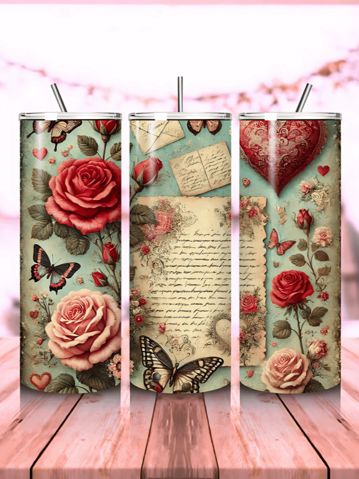 Vintage Roses & Butterflies Valentine Collage – Romantic Floral Heart Accents – 20oz Tumbler Wrap Sublimation Design – 300 DPI Digital Download product image (1)