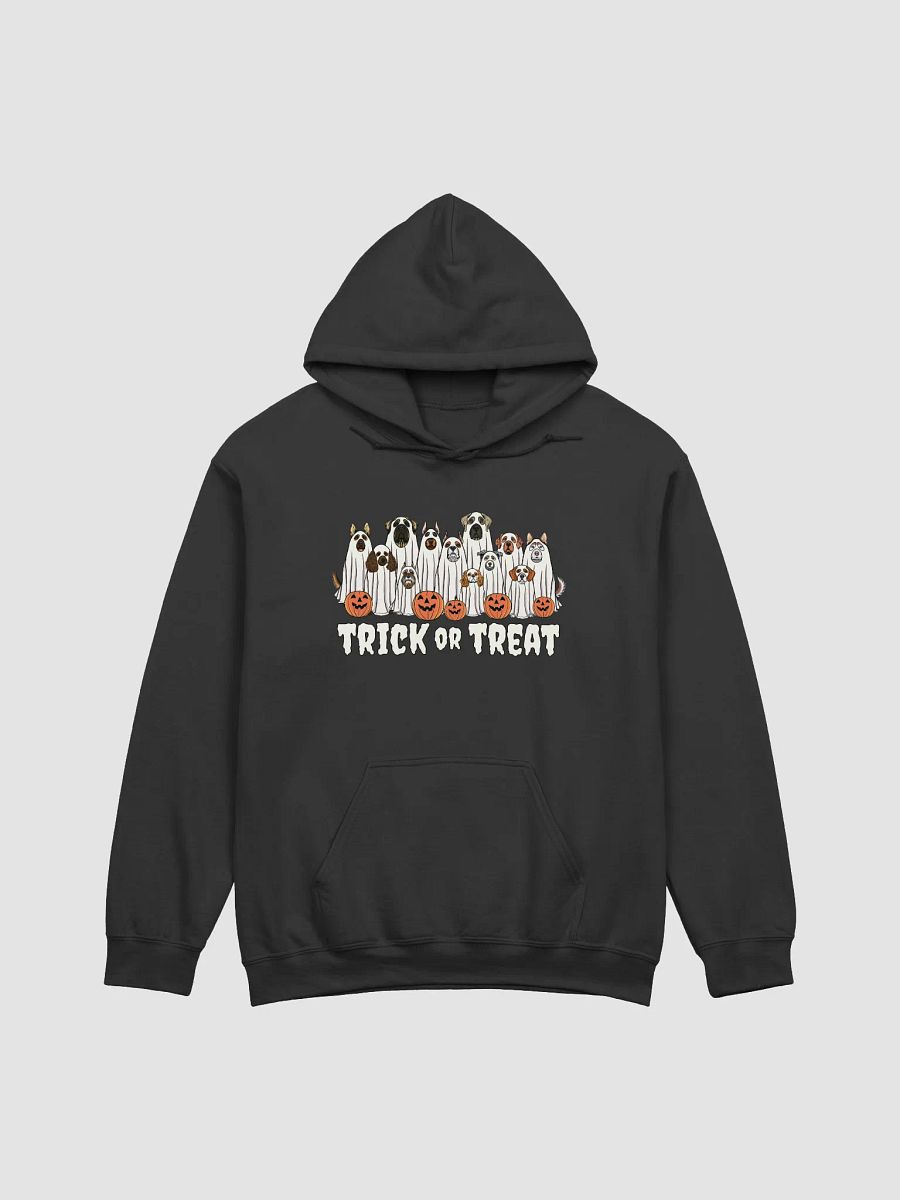 Trick or Treat Funny Halloween Dogs Hooded Sweatshirt | Funny Dogs Wearing Ghost Costumes and Holding Pumpkin Baskets product image (4)