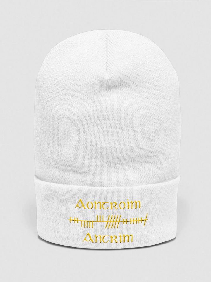 Antrim/Aontroim, Orthodox Style Ogham, white with saffron, embroidered Cuffed Beanie product image (1)