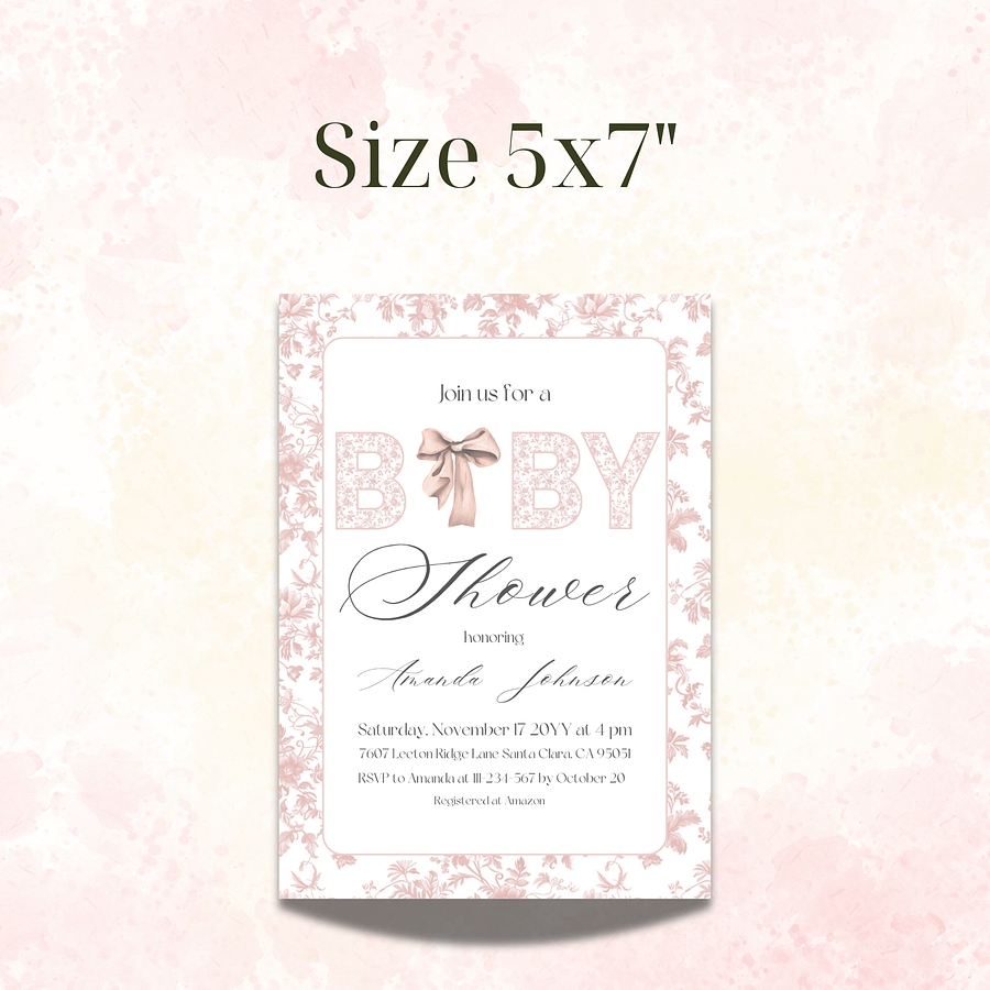 Pink Bow Toile de Jouy Baby Shower Invitation, Chinoiserie Floral Themed Girl Baby Shower Invite for Digital Download | Canva Template product image (4)