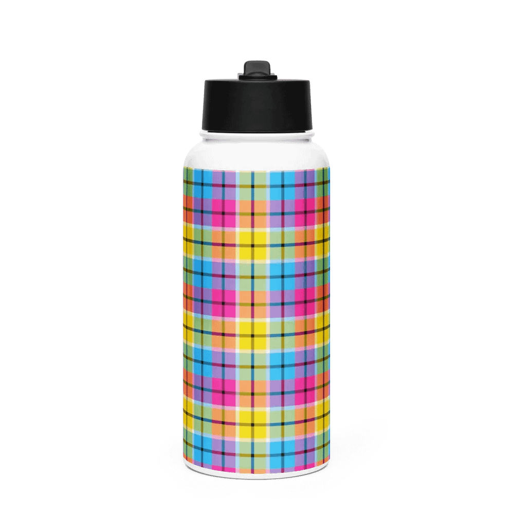 Hot Pink, Turquoise, and Yellow Plaid Water Bottle product image (4)
