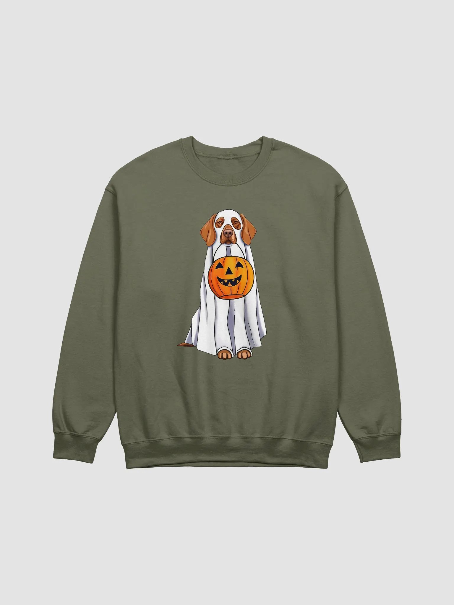 Vizsla Halloween Sweatshirt | Funny Fall and Halloween Vizsla Wearing a Ghost Costume with Pumpkin Basket product image (21)