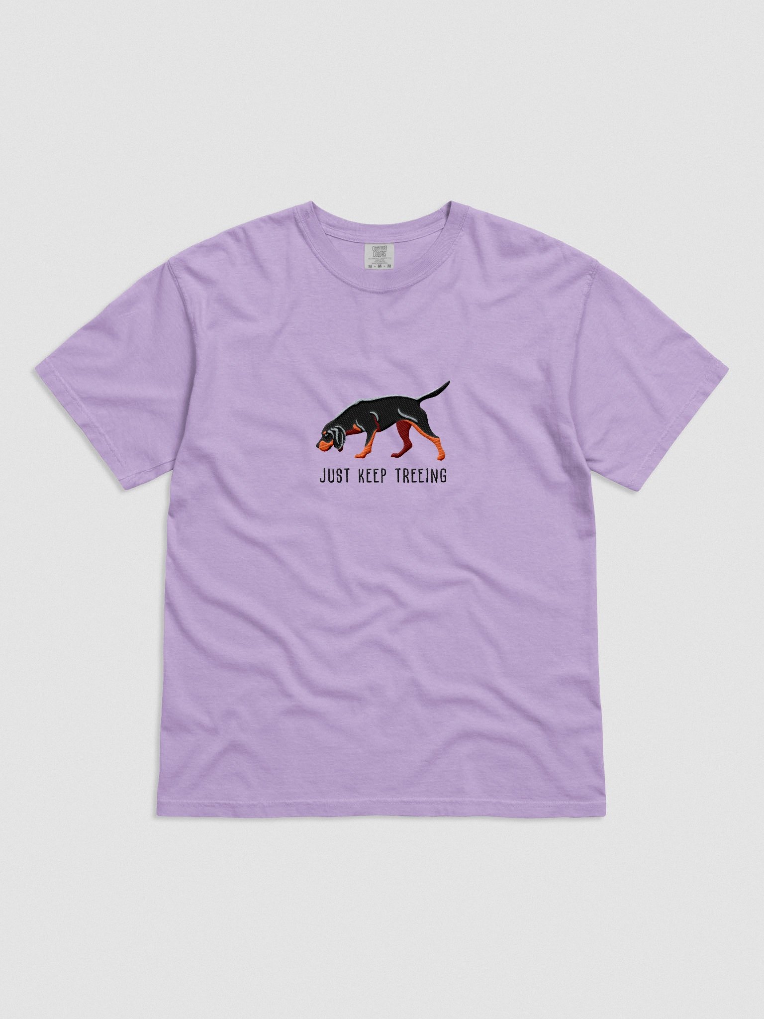 Just Keep Treeing T-Shirt(Embroidered) of a Black & Tan Coonhound product image (4)