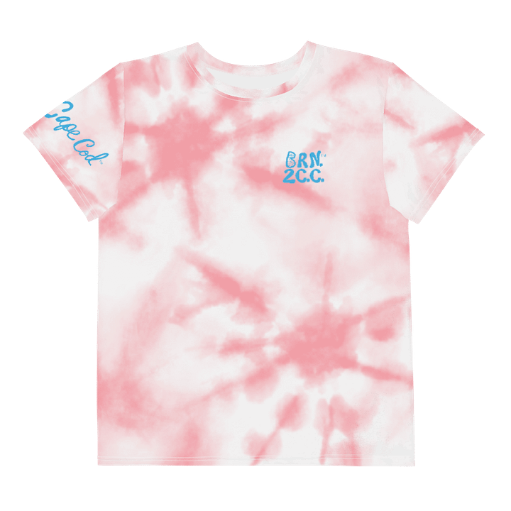 🦩YOUTH | Girls’ | BOURNE to Cape Cod™ | Logo Tee – All-Over Print | BRN.2C.C.™ | Coastal Cutie Vibes💖 | Blue Logo on Pink Tie-Dye product image (1)