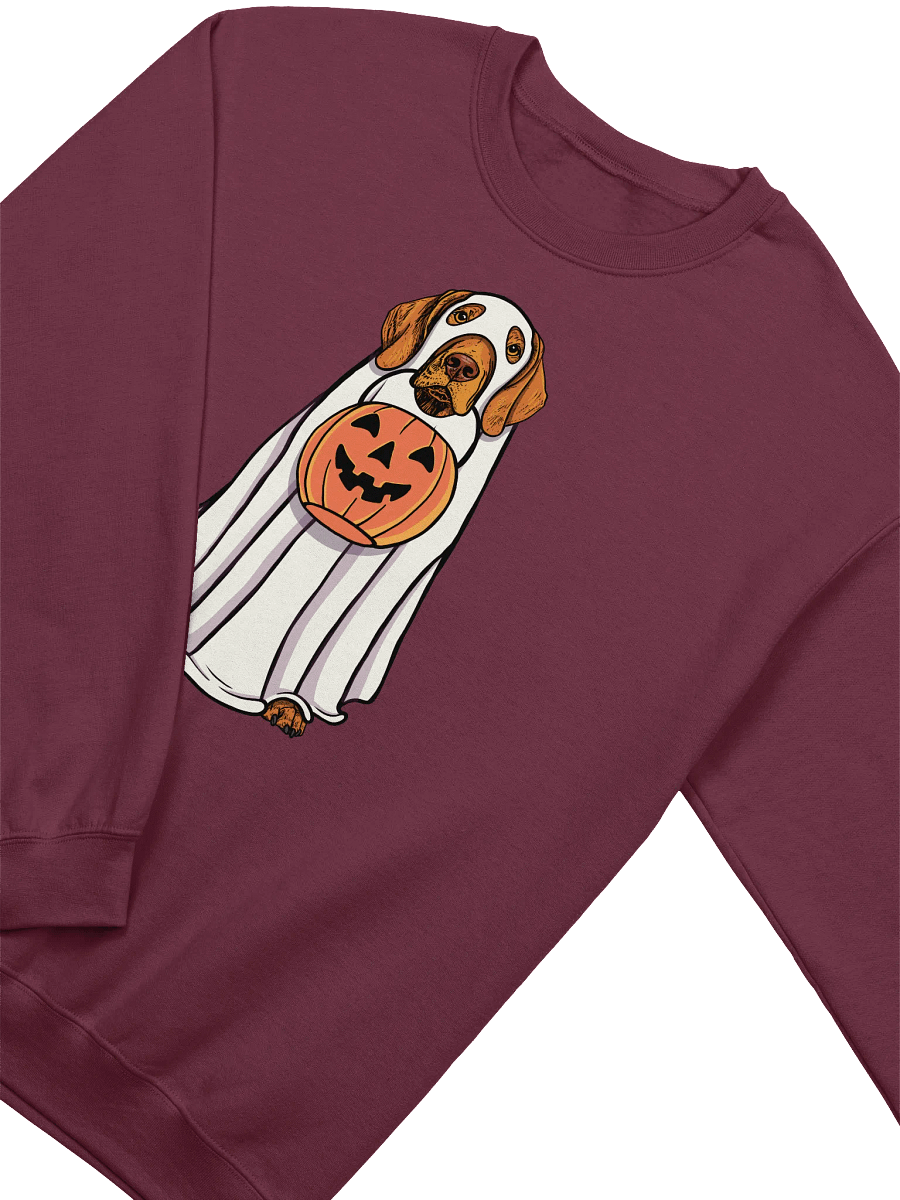 Funny Halloween Vizsla Sweatshirt | Funny Vizsla Wearing a Ghost Costume and Holding a Pumpkin Basket product image (13)