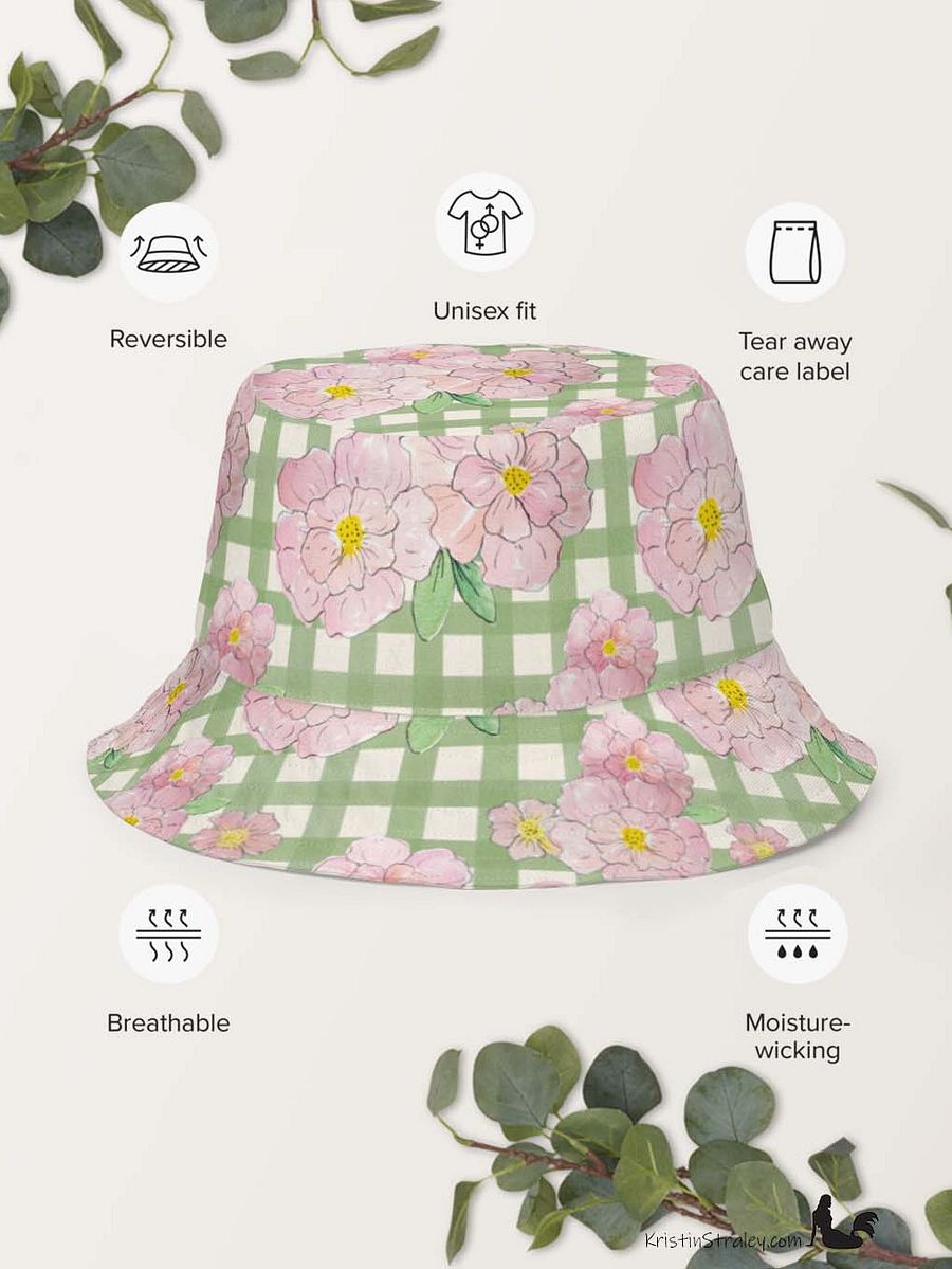 Pink Flowers on Gingham and Solid Green Reversible Bucket Hat product image (7)
