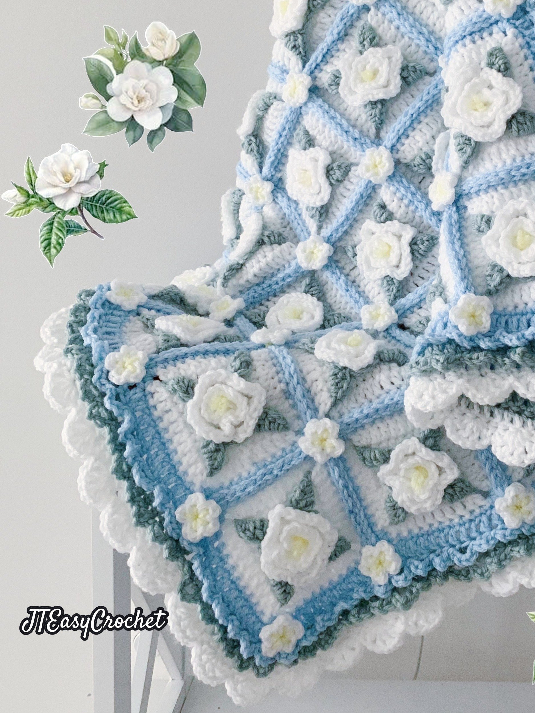 Frozen Garden Baby Blanket Throw Crochet Pattern, Gardenia 3D Granny Square Blanket, PDF Instant Download product image (1)