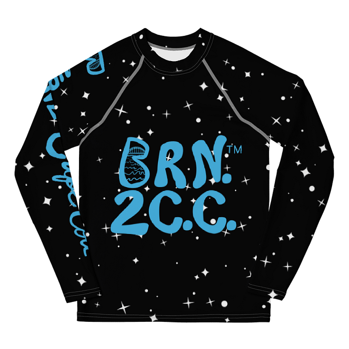 YOUTH | Rash Guard | BRN.2C.C.™ Front Graphic | BOURNE to Cape Cod™ Sleeve & Back Logo | Coastal Swim Shirt for Kids | UV Protection Activewear | Blue Logo on Starry Black product image (1)