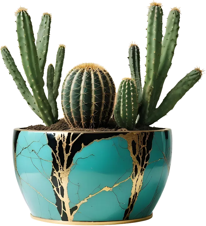 Kintsugi Glow – Turquoise Planter with Golden Cracks PNG product image (1)