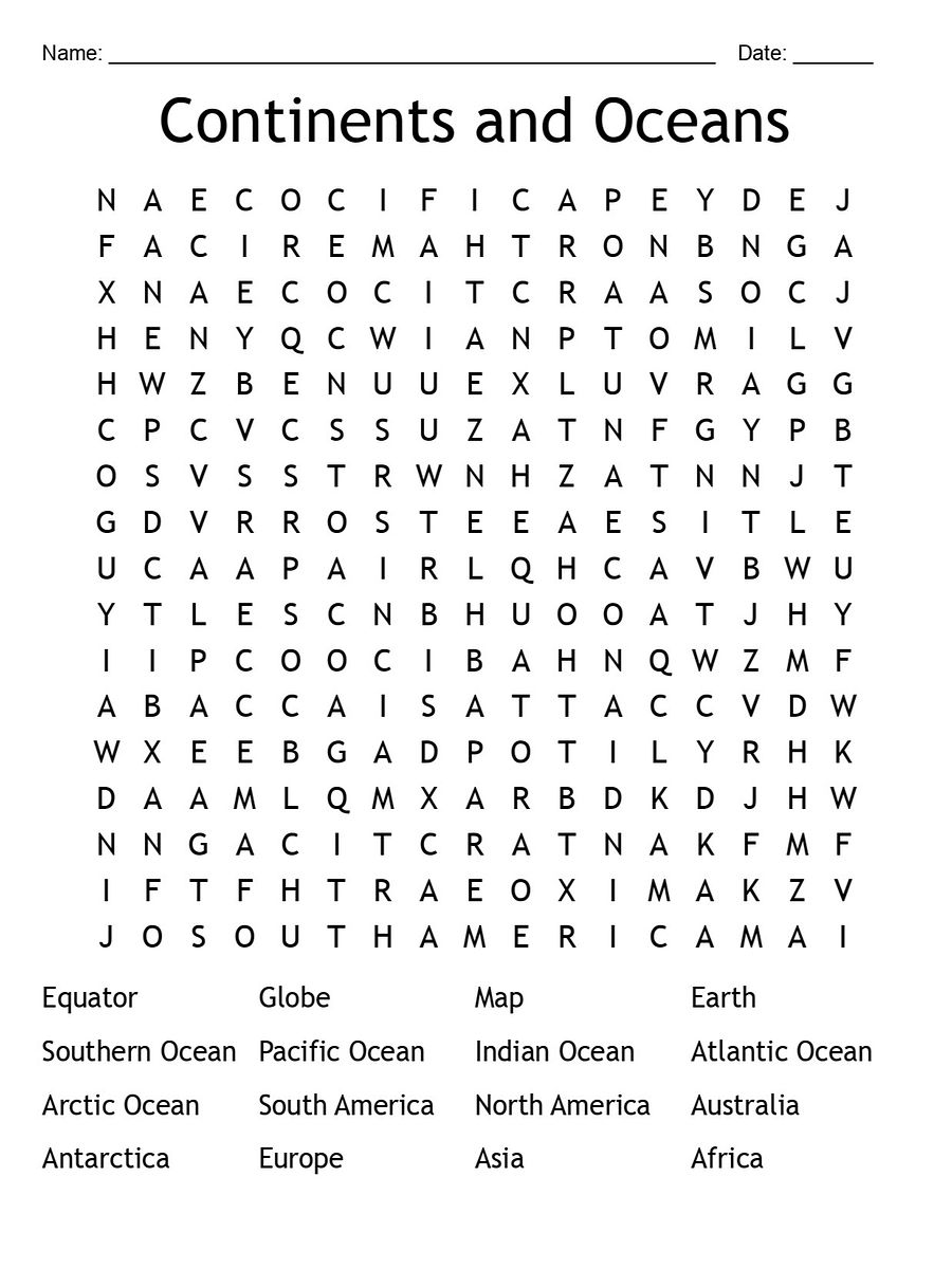 Printable Continents and Oceans Word Search Puzzle product image (1)