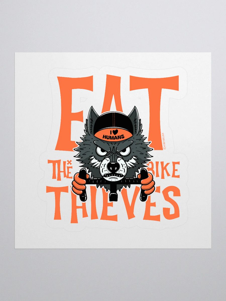 Eat the Bike Thieves, Wolf Cyclist Die-Cut Sticker – Funny Cycling Sticker for Laptops, Helmets & Water Bottles product image (1)