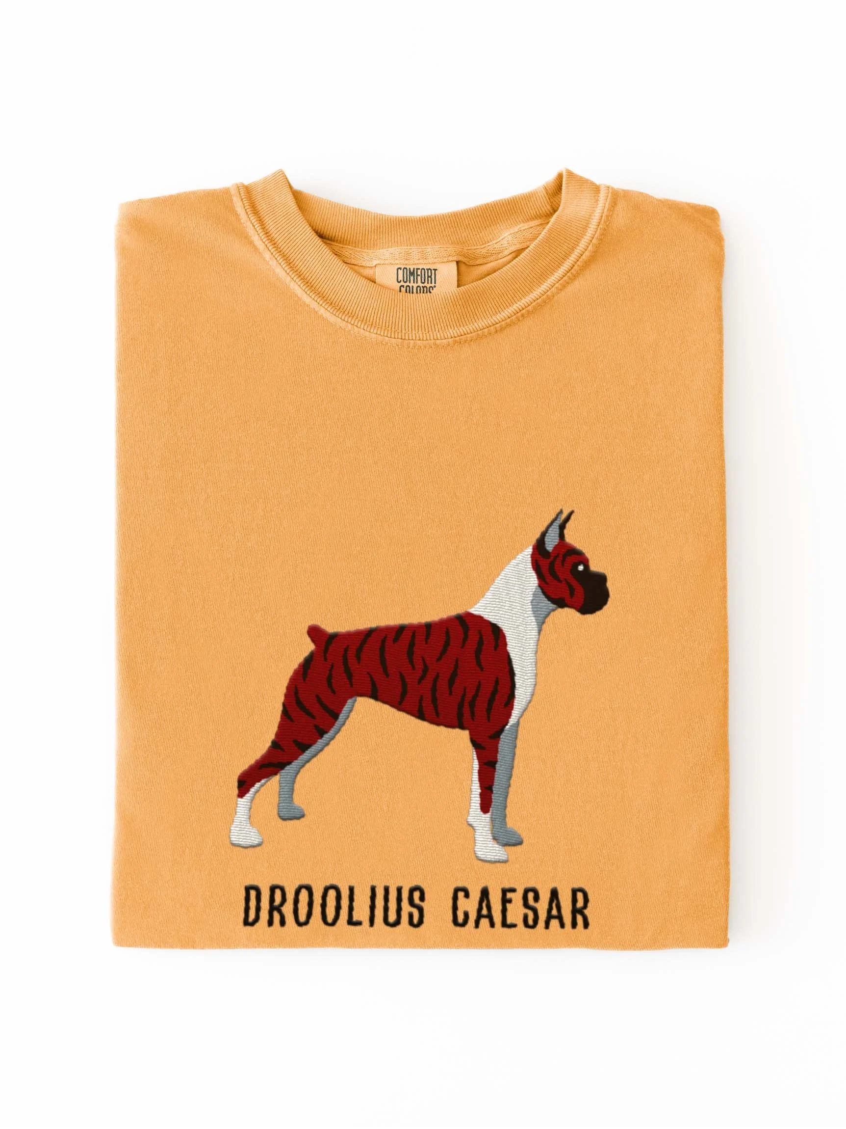 Droolius Caesar T-Shirt(Embroidered) of a Boxer(Brindle & White, Cropped Ears & Docked Tail) product image (1)