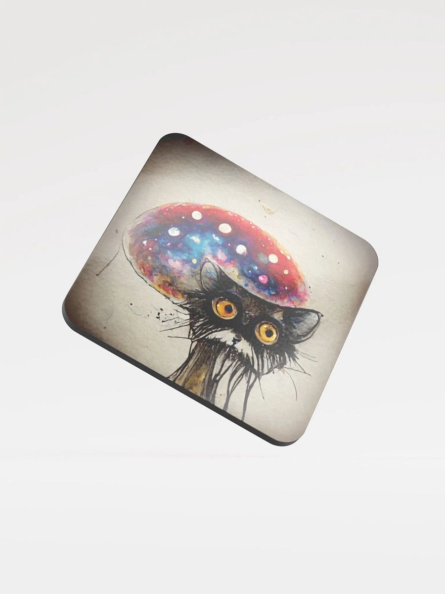 Whimsical Cat and Mushroom Glossed Cork Coaster product image (1)