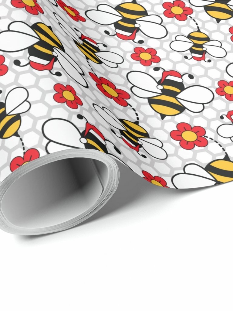 Honey Bees in Santa Hats Christmas Gift Wrapping Paper product image (1)