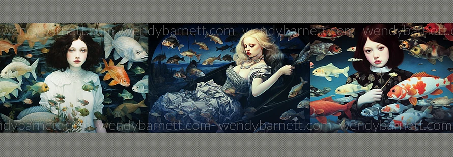 Three images of AI artwork depicting young women in the midst of flying fish, created by Wendy Barnett using Midjourney Version 5.