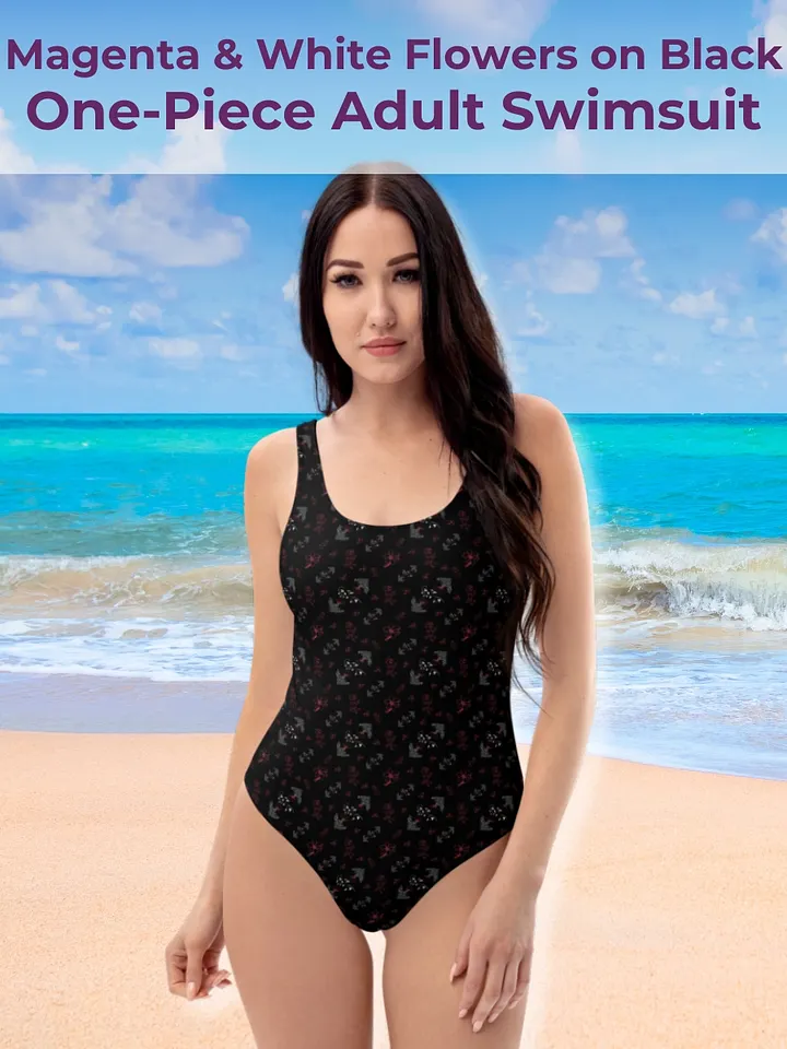 Magenta and White Flowers on Black One-Piece Women's Swimsuit product image (1)