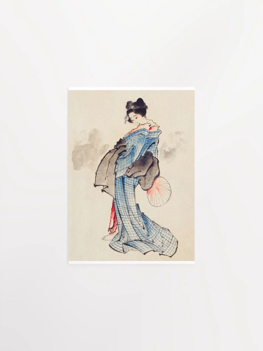 Woman, Full-Length Portrait, Standing, Facing Left, Holding Fan in Right Hand, Wearing Kimono with Check Design by Katsushika Hokusai product image (1)