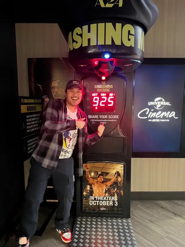 Yes, I scored 925 on the punching machine, I believe it’s the second highest score at AMC Citywalk! If you see me in a @thesmashingmachinemovie or @A24 ad, show some love and tag me! And make sure to watch this movie because it was really great! It was both Dwayne Johnson and Benny Safdie best work ever and #emilyblunt and Ryan Bader were fantastic too.  #dwaynejohnson #bennysafdie #a24 #TheSmashingMachine 