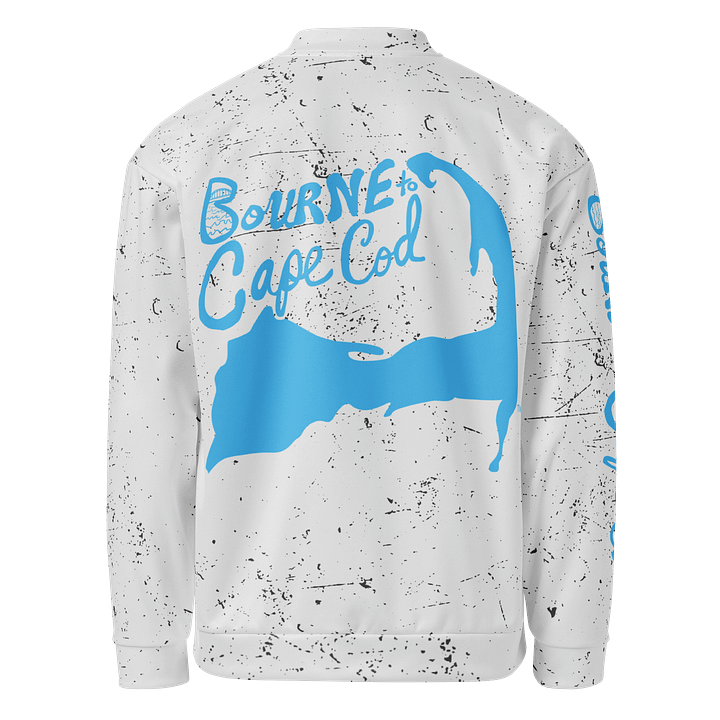 All-Over Print Bomber Jacket | Coastal Cool, City Bold | BOURNE to Cape Cod™ + BRN.2C.C.™ Style | Deep Sky Blue Logos on Distressed White product image (2)