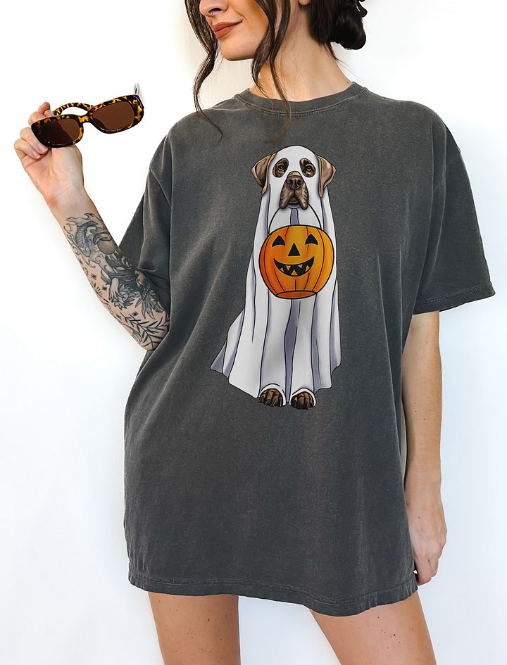 Great Dane Halloween Tee | Funny Fall & Halloween Great Dane Wearing a Ghost Costume with Pumpkin Basket product image (6)