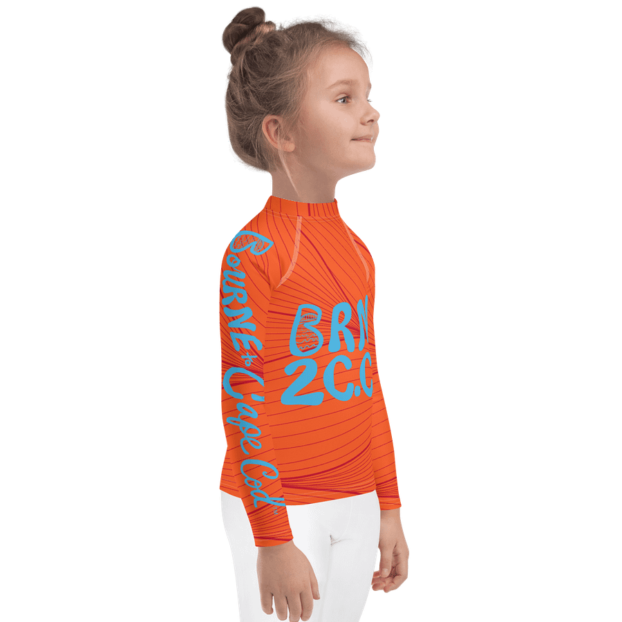 Girls' | Kids Rash Guard | BRN.2C.C.™ Front Print | BOURNE to Cape Cod™ Back & Sleeve Logo | Coastal UV Shirt for Active Kids | Slim Fit Swim Top | Blue Logo on Red and Orange product image (4)