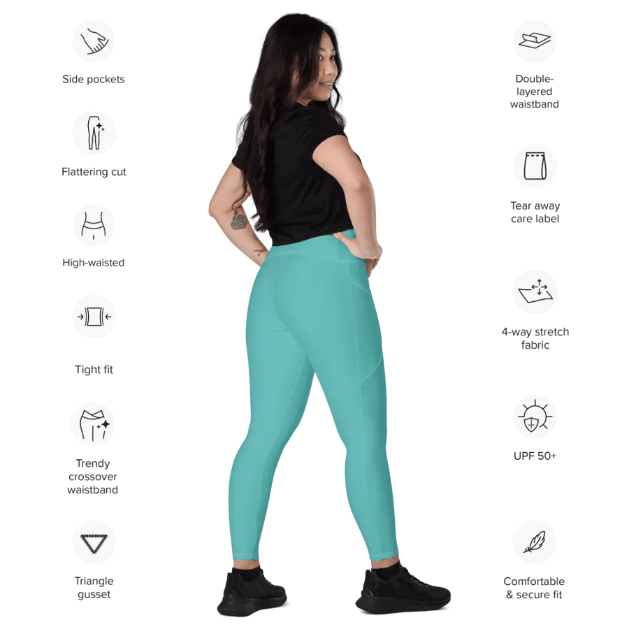Plain Turquoise Blue True Summer Women's High Waisted Premium Crossover Leggings with Pockets by Treasure Pie product image (12)