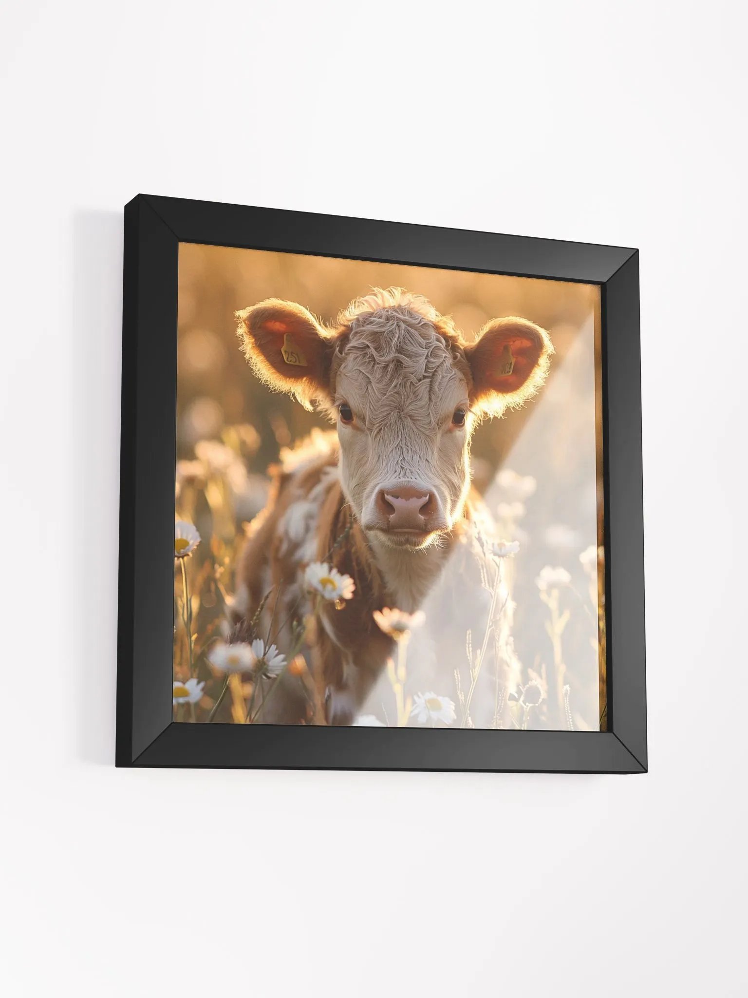 Cute Baby Cow In a Field of Daisies Framed Wall Art product image (3)