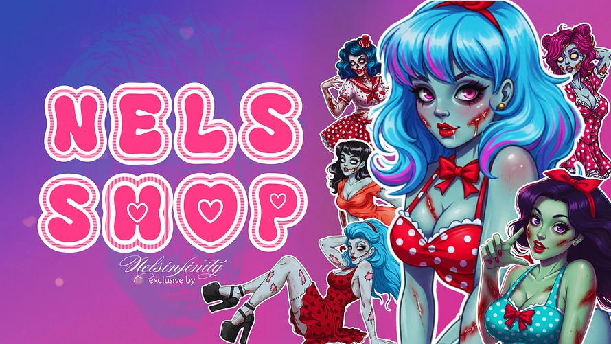 Nels Shop Banner Image, displays the text and artwork images featured on merch.