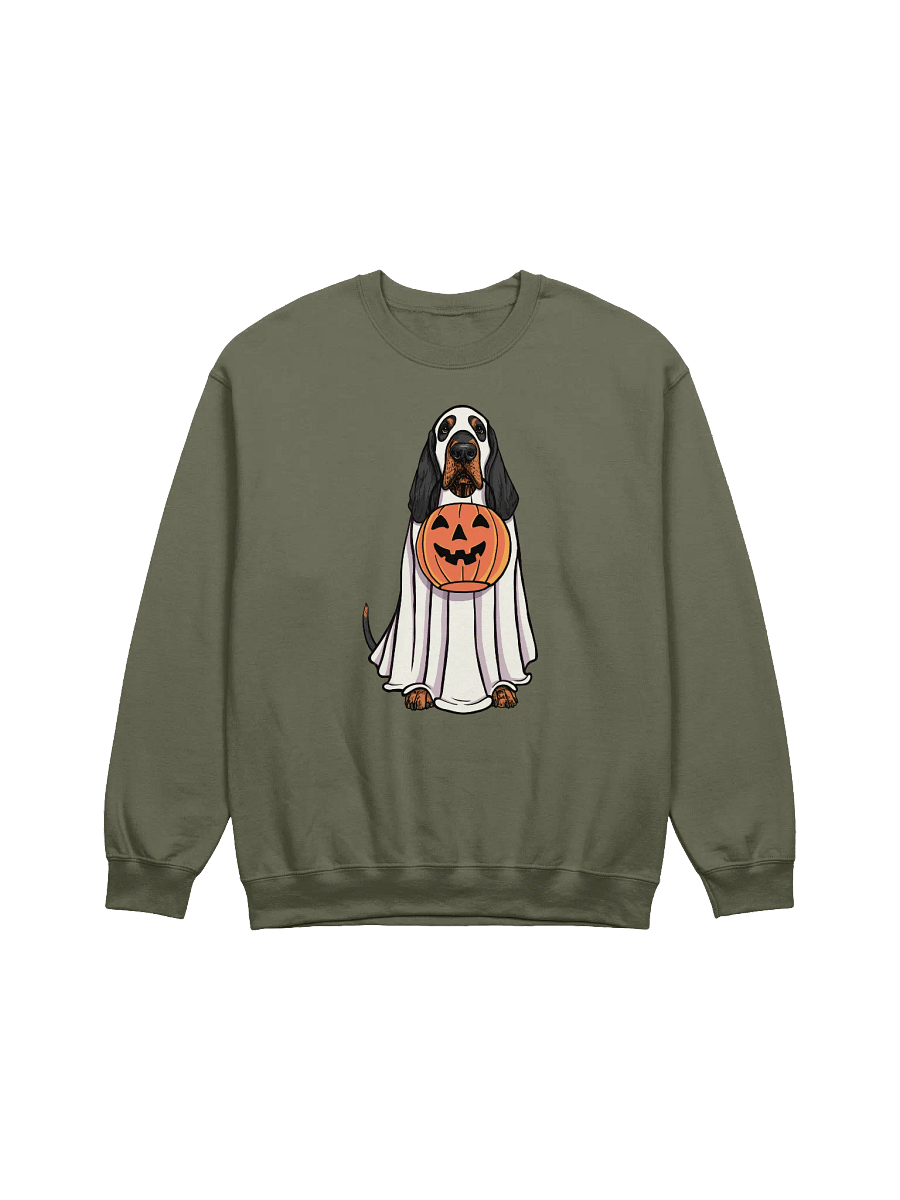 Funny Halloween Bloodhound(Black & Tan) Sweatshirt | Funny Bloodhound Wearing a Ghost Costume and Holding a Pumpkin Basket product image (13)