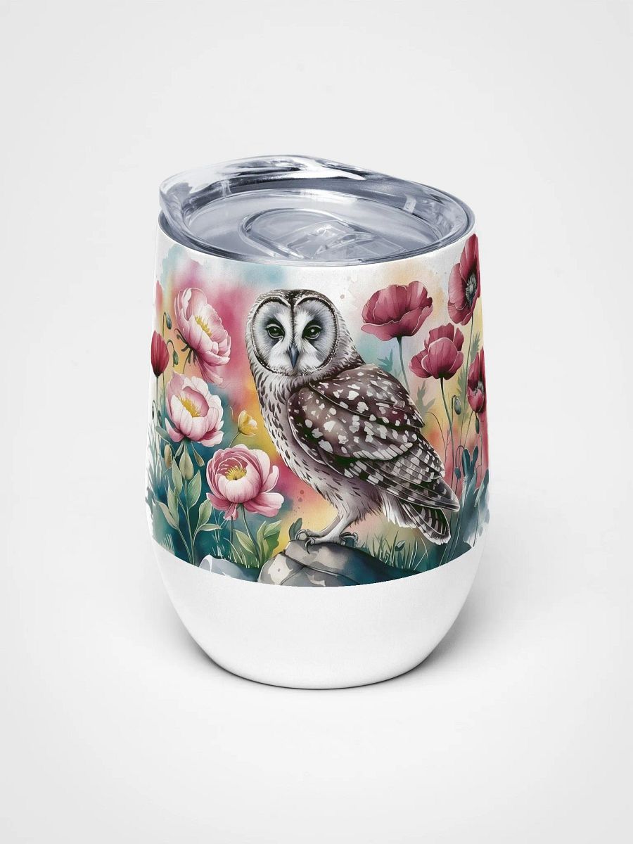 Curious Owl in Poppy Field 12 Oz Wine Tumbler – Whimsical Owl & Floral Watercolor Design product image (2)
