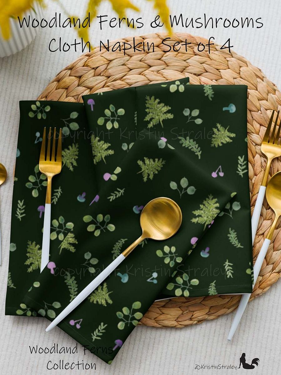 Woodland Ferns & Mushrooms on Dark Green Cloth Napkin Set of 4 product image (1)