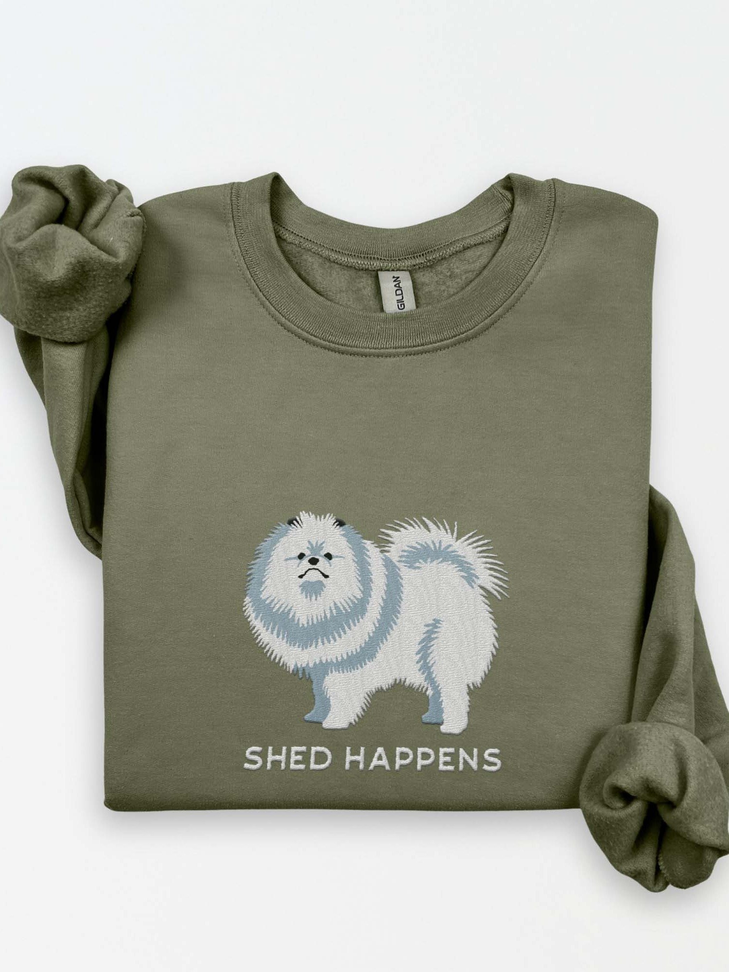 Shed Happens Sweatshirt (Embroidered) of a Pomeranian(White) product image (1)