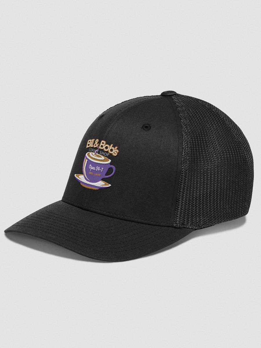 Bill & Bob's Coffee Shop Open 24/7 Trucker Hat, Purple Color Accent product image (3)