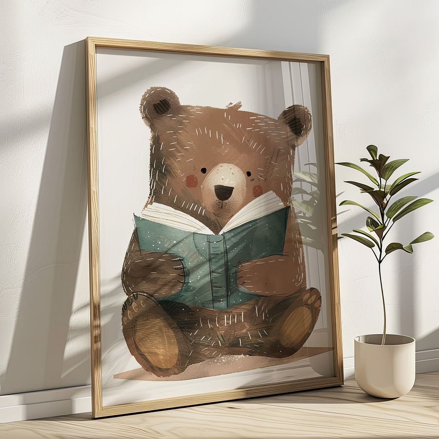 Cute Bear Reading a Book Watercolor Nursery Art Print product image (1)