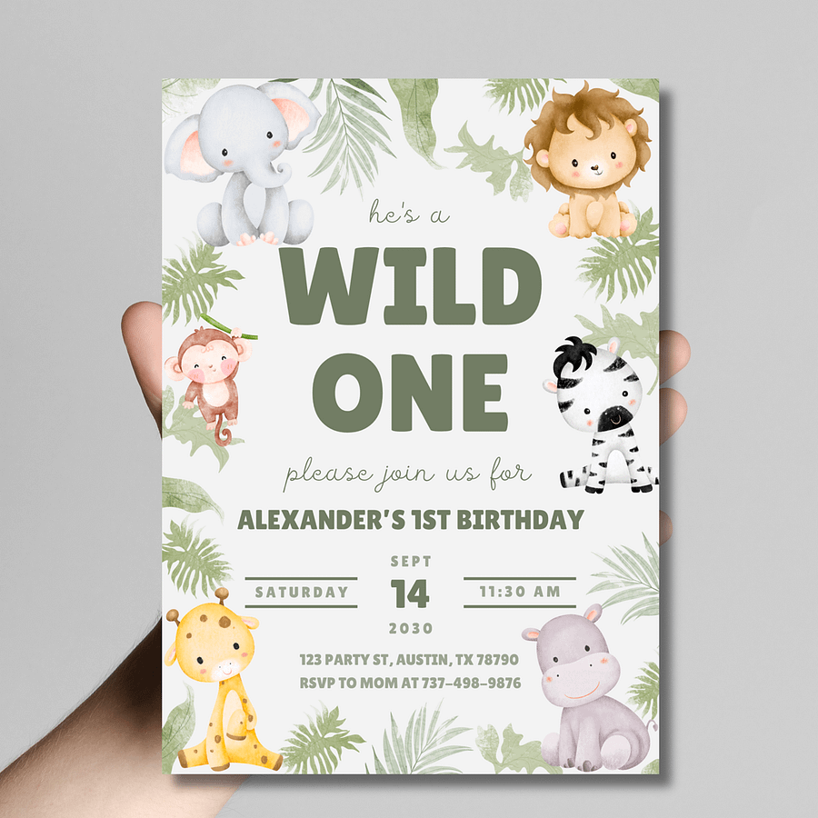 Wild One Birthday Invitation | Safari 1st Birthday Invite | Jungle Party | Animal Theme | Editable Canva Template product image (3)
