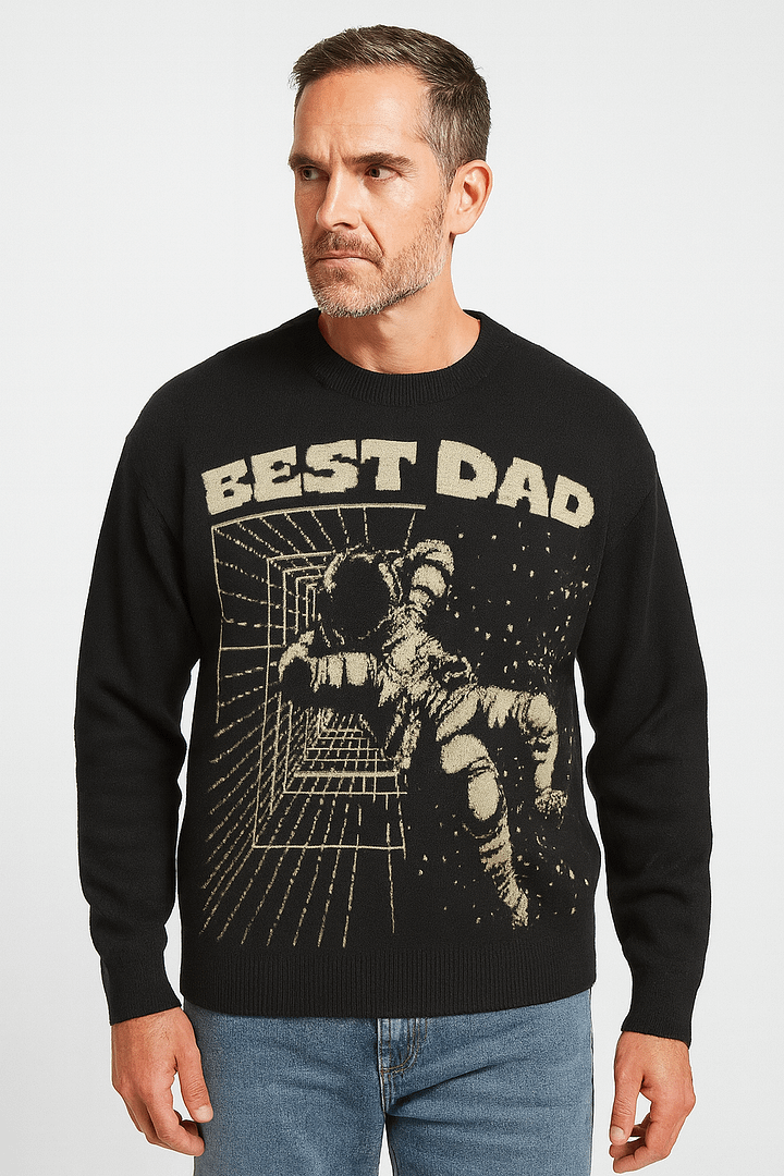 Interstellar Dad Knit Cardigan – Bold “Best Dad” Astronaut Sweater in Taupe and Black product image (1)