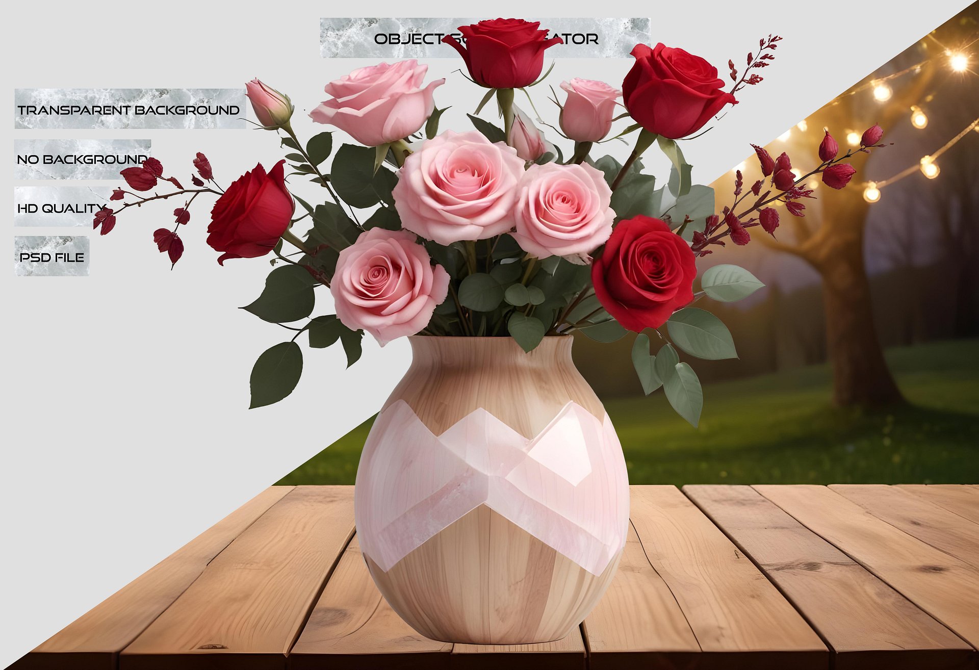 Romantic Wood and Rose Quartz Vase with Elegant Rose Bouquet PNG product image (2)