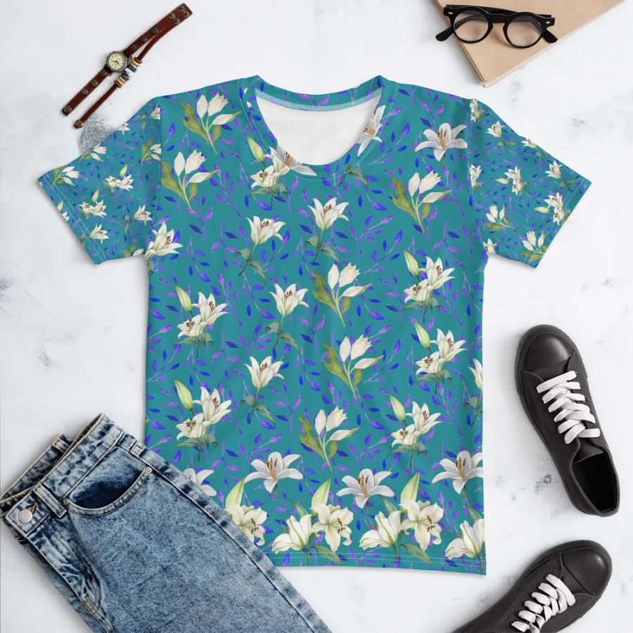 Ladies T shirt all over print blue and white flowery design giving a fresh holiday  fee product image (10)