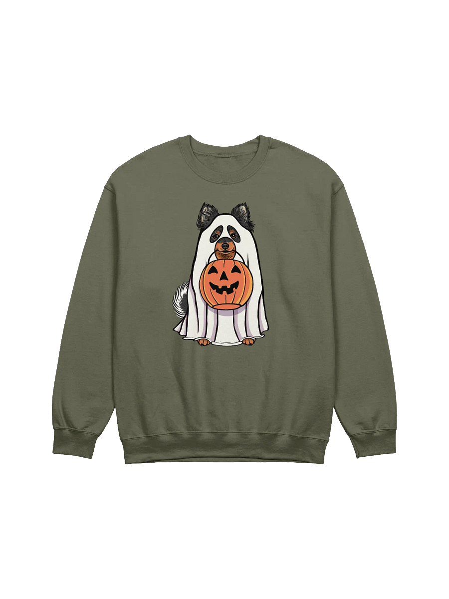 Funny Halloween Pomeranian(Tricolor) Sweatshirt | Funny Pomeranian Wearing a Ghost Costume and Holding a Pumpkin Basket product image (13)