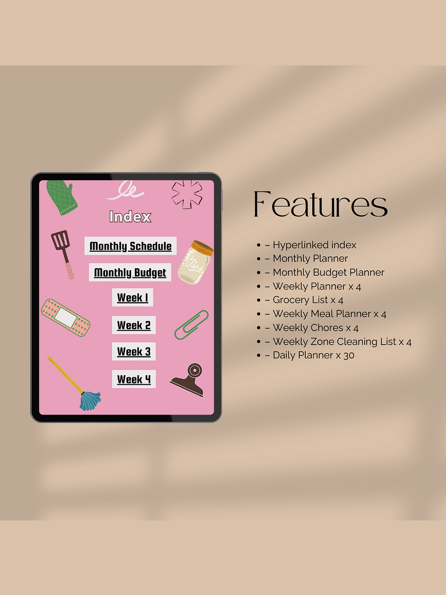 Ultimate Digital Household Planner | Hyperlinked Index | Monthly & Weekly Planners | Budget Tracker | Meal and Chore Planner product image (4)