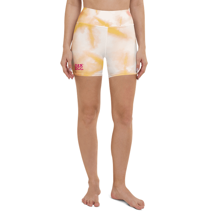 All-Over Print Yoga Shorts | with Inside Pocket | BRN.2C.C.™ | Coastal-Inspired Activewear | Vibrant Pink Logo on Orange Tie-Dye product image (1)