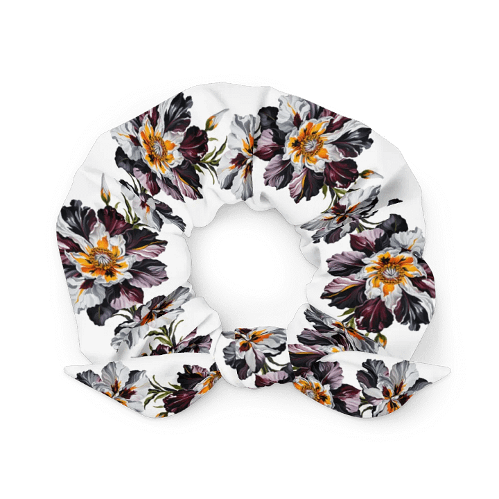 Hair Scrunchie - Painted Crimson, Black, and Yellow Flowers on White product image (2)